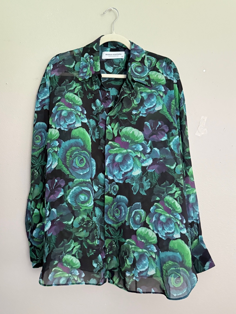 Vassia Kostara Blue and Green Roses Print Button-Front Blouse OS